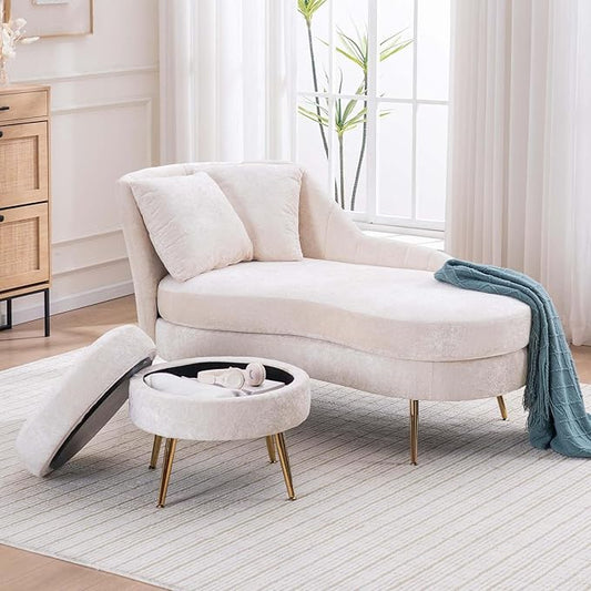 Chaise Lounge Chair Indoor Chenille Upholstered Chair with Left Armrest &amp Pillow Modern Lounge Chairs Sofa with Footstool for Living Room Bedroom Office (Beige)