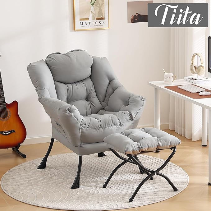 Tiita Lazy Chair with Ottoman Light Grey Modern Large Accent Chair Comfy Leisure Sofa Armchair with Ottoman Reading Chair with Footrest for Bedroom Living Room Dorm Rooms Peach Light Grey