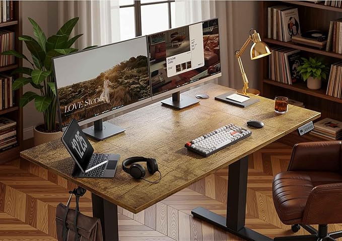 Seang Electric Height Adjustable Standing Desk 48 x 24 Inch Sit-Stand Desk with Stable T-Shaped Frame 3 Memory Buttons &amp Cable Organization for Home Office Workstation Black Frame/Rustic Brown