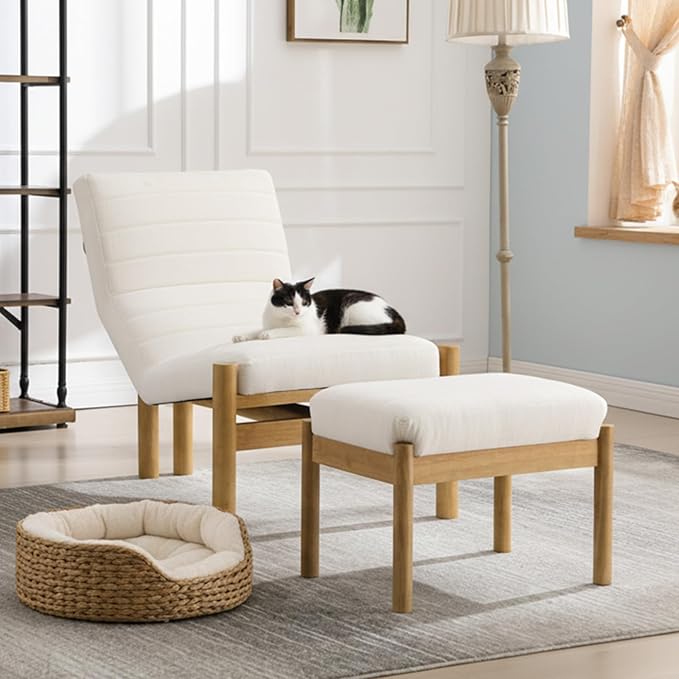 Accent Chair with Ottoman Living Room Chair Beige Linen Upholstered Lounge Chair with Footrest Set Modern Chair Cozy Reclining Chair for Reading Room Bedroom Beige