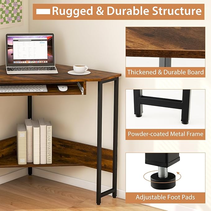 Corner Desk Triangle Computer Desk with Power Outlets Small Desk for Small Spaces Compact Makeup Vanity Desk with Storage Shelf &amp Keyboard Tray Home Office Workstation for Bedroom