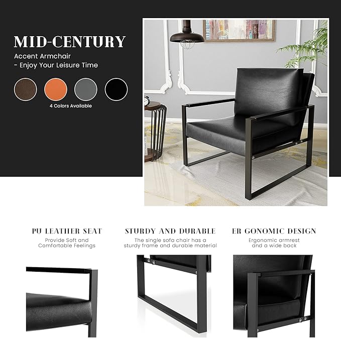 Recaceik Leather Accent Chairs Midcentury Modern Armchair with XL Ergonomic Cushion Sturdy Metal Frame Anti-Scratch Foot Mats Single Sofa Chair for Living Room Black 22.83D x 28.35W 33.46H in