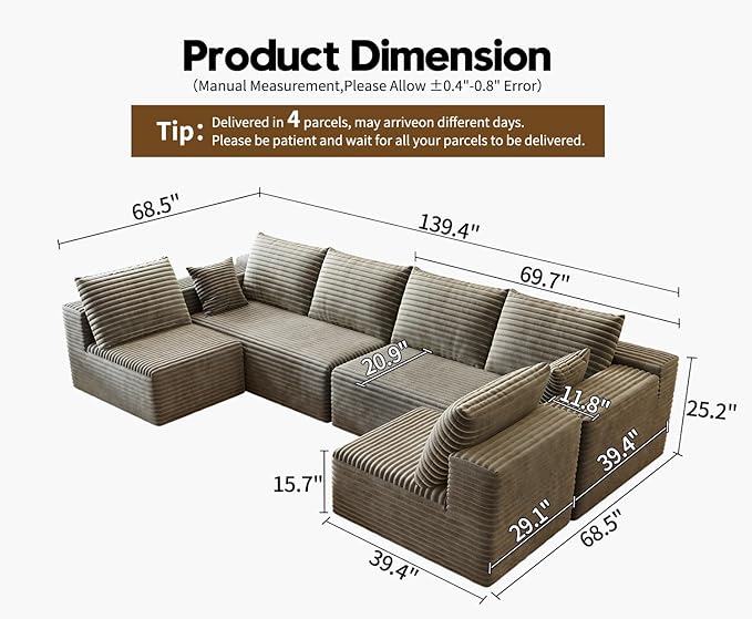 139.4 U Shaped Cloud Sectional Sofa for Living Room Plush Corduroy Cover Fluffy Memory Foam Cushions No Assembly Required Modular Chaise Lounge Oversized Comfortable Couches Set Camel