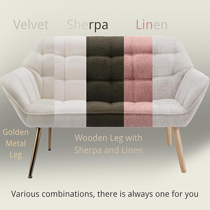 48”Small Loveseat Sofa Modern Linen Upholstered Mini Couch 2-Seater Fluffy Love Seat with Quilting Backs and Wood Legs for Small Space Living Room Bedroom Pink