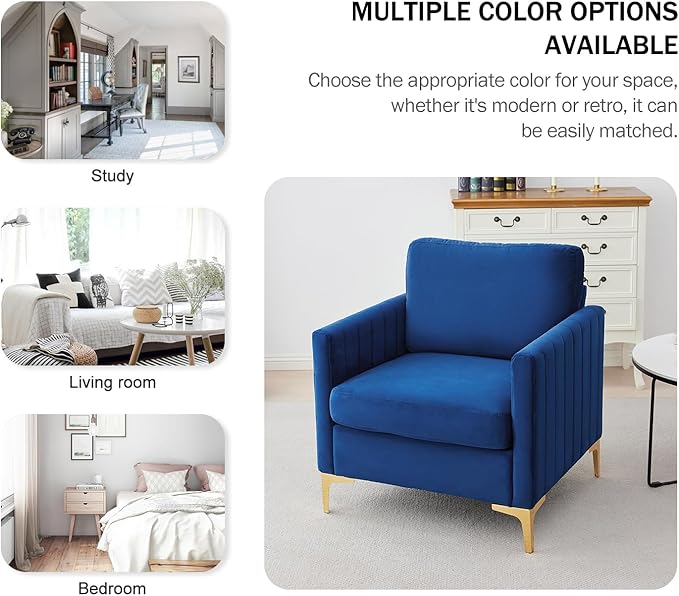 Kiztir Mid-Century Modern Velvet Accent Chair Comfy Upholstered Armchair for Living Room Bedroom Office Studio Lounge (Blue)