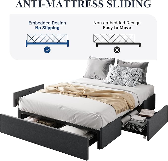 Allewie Full Size Platform Bed Frame with 3 Storage Drawers Fabric Upholstered Wooden Slats Support No Box Spring Needed Noise Free Easy Assembly Dark Grey