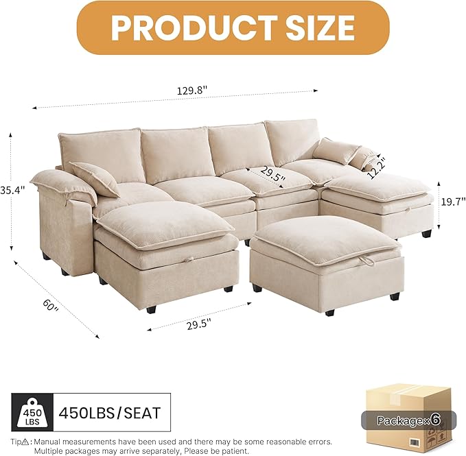 130 U Shaped Modular Sectional Sofa Couch with Ottoman Storage Chenille Cloud Couch with Plush Deep Seating for Living Room Bedroom (Beige 7 Seat)