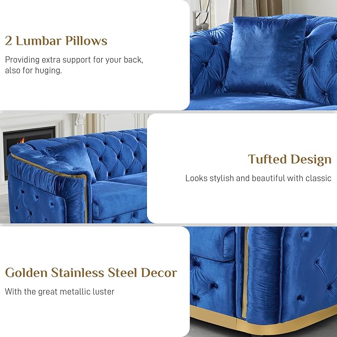 Velvet Couch Blue and Gold Sofa Luxury Loveseat 62.5 Mid Century Modern Chesterfield Sofa Couch for Living Room Tufted Sofas with 2 Pillows &amp Classic Golden Decor Blue
