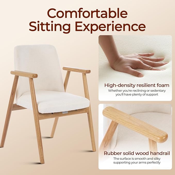 Accent Chair Mid Century Modern Armchair Comfy Reading Chair with Soft Seat &amp Solid Wood Legs for Living Room Office Bedroom Vanity (White)