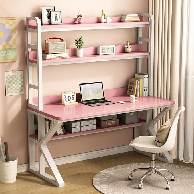 Computer Desk with Storage Shelves and Bookshelf Industrial Desk with Sturdy Metal Frame Solid Wood PC Table Workstation for Home Office(43 W x 69 H x 23.6 D Pink &amp White)
