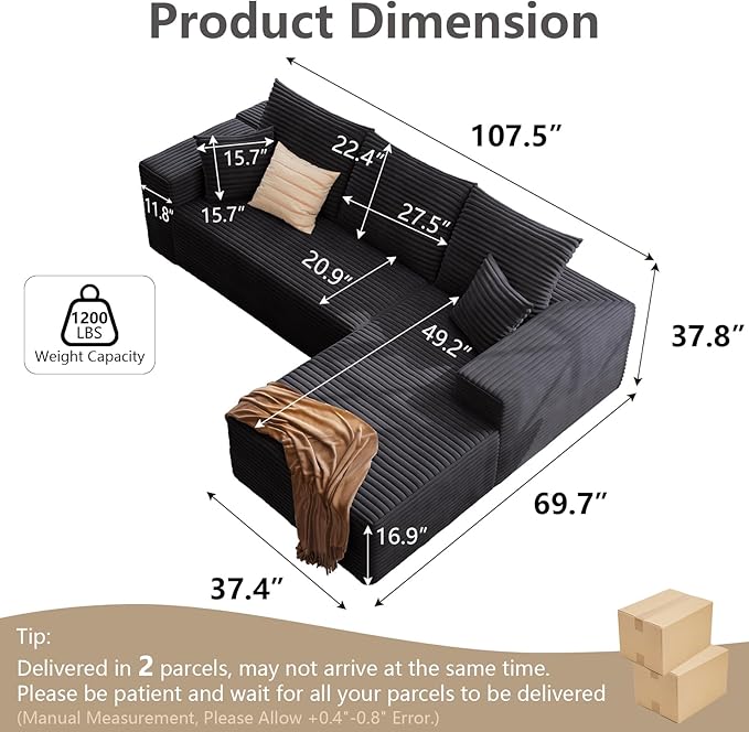 107 Cloud Sectional Couch with L-Shape Chaise Modern Modular Sofa with Deep Seat Corduroy Upholstered Couches for Living Room BedroomNo Assembly Required(Black Right Facing)