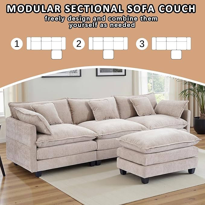 Gexpusm Modular Sectional Sofa108 L Shaped Couches for Living Room3 Seats Sofas with Movable OttomanCloud Sectional Couch with Deep SeatOversized Sleeper Sofa Boneless for Bedroom (Khaki)