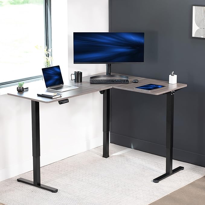 VIVO Corner Standing Desk 63 x 47 inch Reversible L-Shaped Workstation Electric Height Adjustment Home Office and Reception Rooms Dark Gray Table Top Black Frame DESK-E3CTG-47