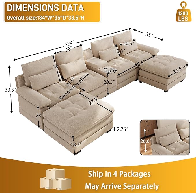 134 Oversized Brown Sectional Couches for Living Room with Glitter Fabric Fluffy Couch with Chaise Lounge&ampTufted Buttons U Shaped Sofa Set Chenille 6 Seater Couch with 2 Ottoman &amp Storage