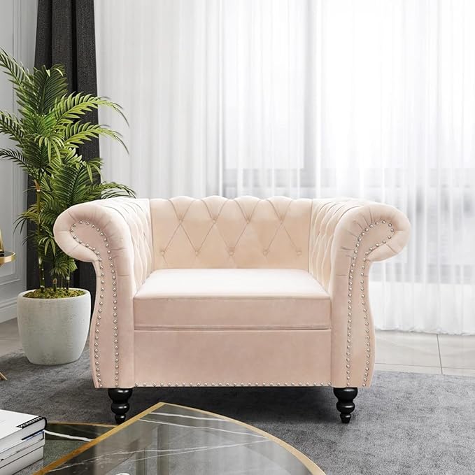 Living Room Chair Modern Velvet Chesterfield Sofa Chair Mid Century Single Sofa Couch Chair with Tufted Back and Rolled Arms Accent Sofa Chair for Living Room Apartment Beige