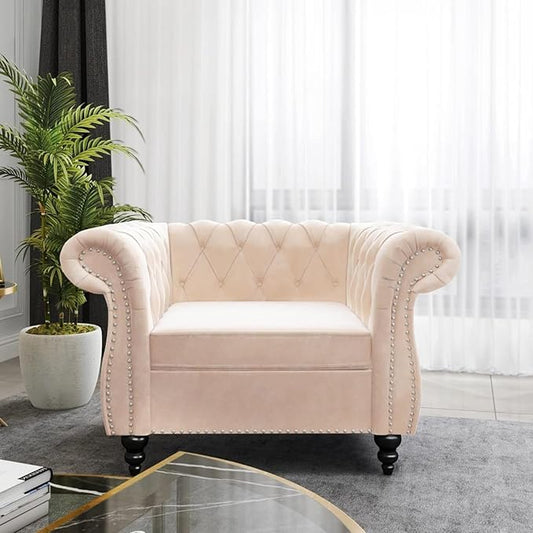Living Room Chair Modern Velvet Chesterfield Sofa Chair Mid Century Single Sofa Couch Chair with Tufted Back and Rolled Arms Accent Sofa Chair for Living Room Apartment Beige
