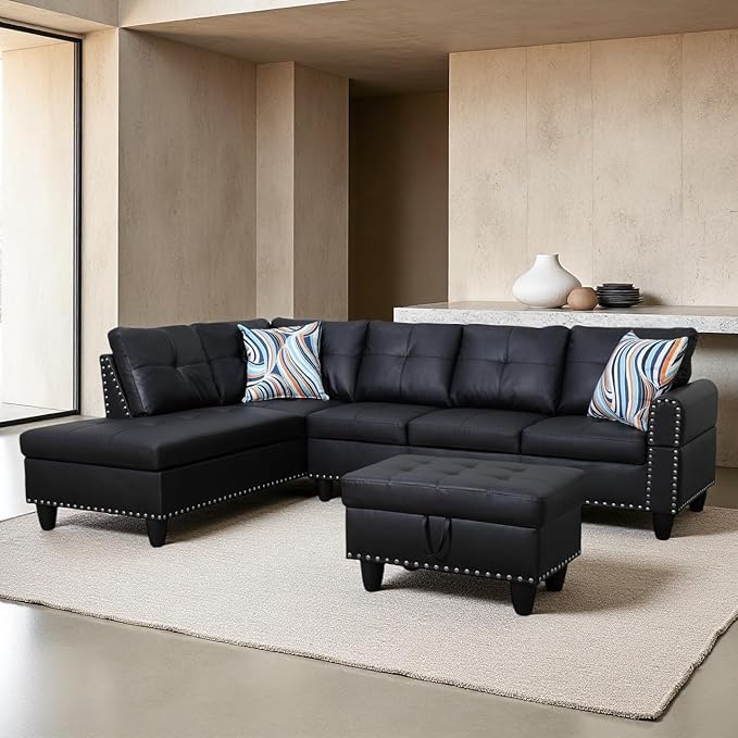 Sectional Couches for Living Room Convertible 4 Seat Modular Sectional Sofa Set for Living Room L Shaped Couch or U Shaped Couch with Storage Ottoman for Apartment Leather Black