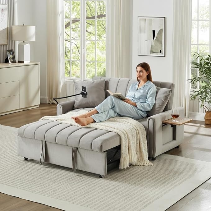 53.9 3-in-1 Convertible Sleeper Sofa Bed Loveseat Pull Out Bed with USB Ports &amp Swivel Stand Modern Foldable Sofa Bed with Tabletop Sleeper Couch for Living Room Bedroom (Grey)