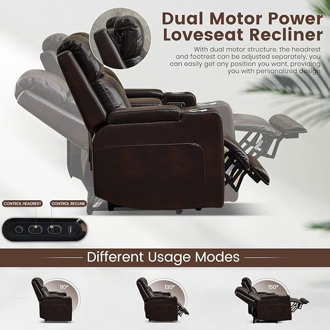 Power Reclining Loveseat with Console Power Loveseat Recliner Sofa with Adjustable Headrest/LED Light/Wireless Charging/Arm Storage Power Recliner Loveseat for Living Room (Brown 2 Seater)