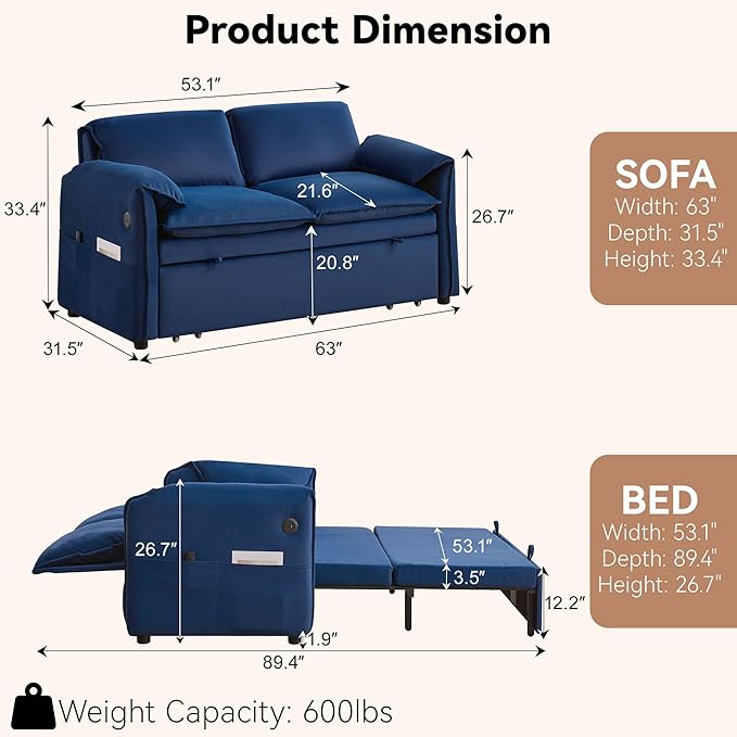 63 Velvet 3 in 1 Convertible Sleeper Sofa Bed Pull Out Couch Bed Loveseat with Adjustable Backrest Chaise Lounge USB Port &amp Side Pocket Modern Sofa for Living Room Small Spaces Blue