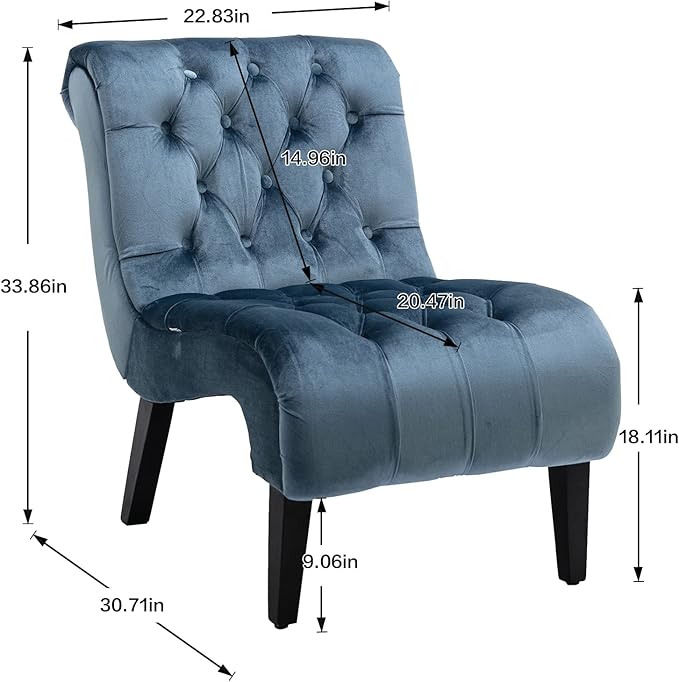 Yoluckea Modern Upholstered Accent Chair S-Shape Armless Lounge Chair for Bedroom Living Room Comfy Velvet Chaise Chairs with Button Tufted Back and Solid Wood Legs Light Blue