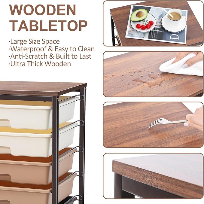Rolling Storage Cart with Drawers Rolling Drawer Cart and Wooden TabletopStorage Drawer Cart for Living RoomClassroomBedroomBathroomDormOfficeBrown Gradient