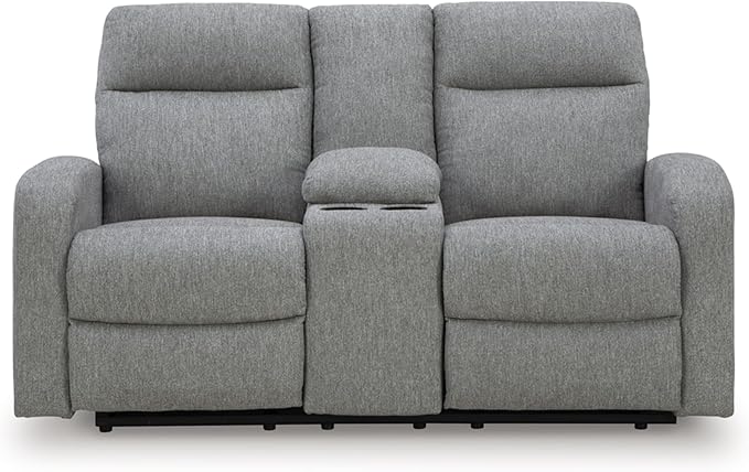 Signature Design by Ashley Carrigan Lane Classic Manual Pull Tab Dual Sided Reclining Loveseat with Console and Storage Gray