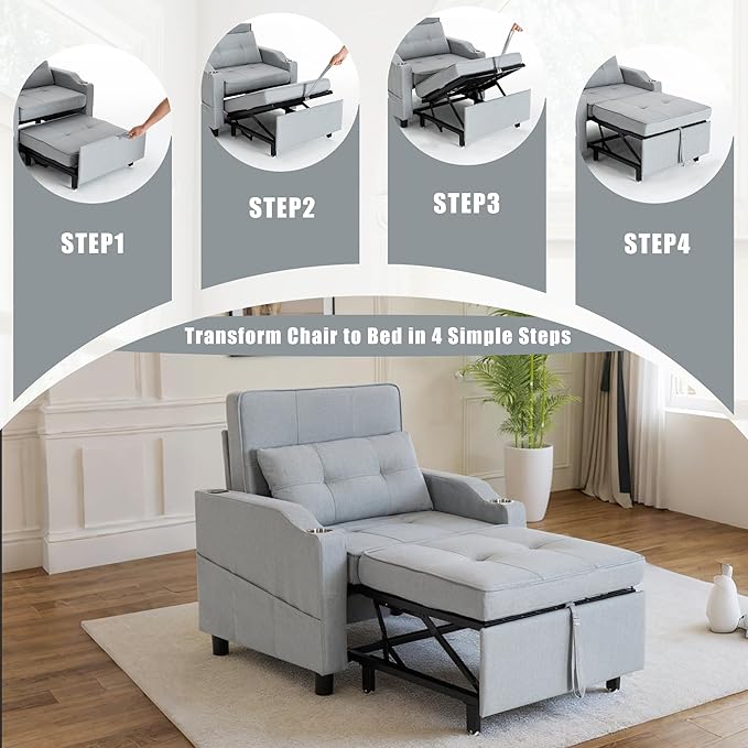 Sleeper Chair 5-in-1 Convertible Chair Bed Pull Out Adjustable Single Armchair Sofa Bed with USB PortsSide PocketCup Holder (Grey)