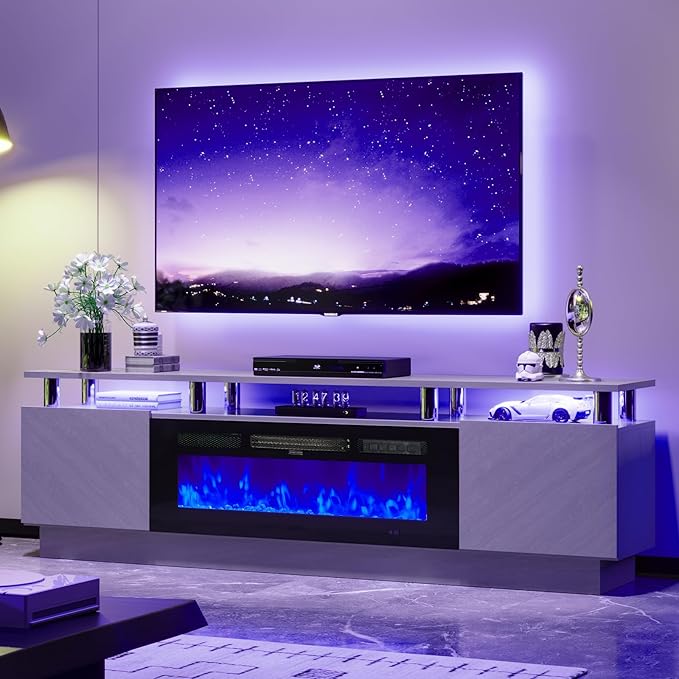 70 TV Stand for Living Room Entertainment Center with Storage Cabinet Fits TVs up to 80 Modern Media Console with Shelves 36 Electric Fireplace (Grey+Black)