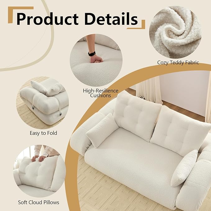 78.7'' Folding Sleeper Sofa 3 in 1 Folding Sofa Bed Teddy Couch Upholstered Deep Seat Bean Bag Lounge Recliner Oversized Human Dog Bed for Living Room Playroom Bedroom(Beige)