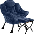 Lazy Chair with Folding OttomanLeisure Sofa ChairSoft Fabric Armchair with Armrests and Side Pockets Reading Chair with Footrest for Living Room Bedroom Office (Plush Navy)