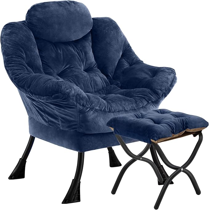 Lazy Chair with Folding OttomanLeisure Sofa ChairSoft Fabric Armchair with Armrests and Side Pockets Reading Chair with Footrest for Living Room Bedroom Office (Plush Navy)