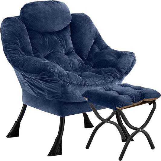 Lazy Chair with Folding OttomanLeisure Sofa ChairSoft Fabric Armchair with Armrests and Side Pockets Reading Chair with Footrest for Living Room Bedroom Office (Plush Navy)