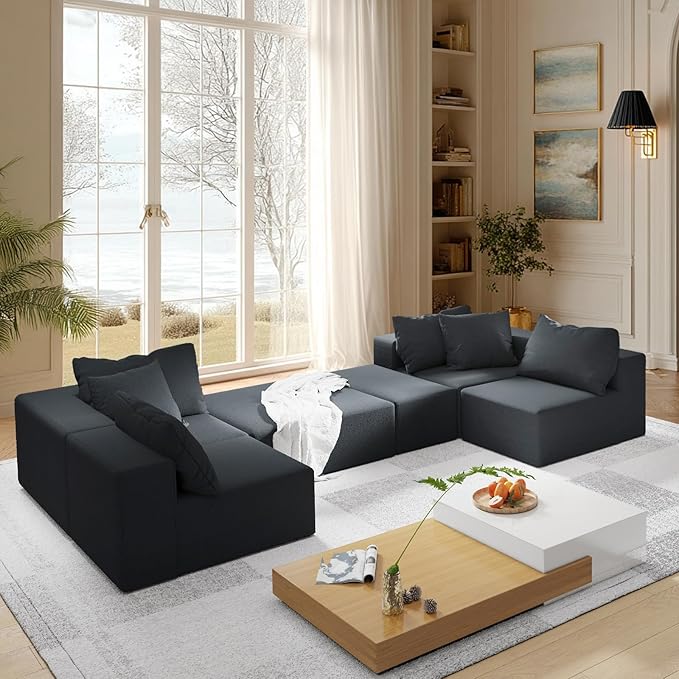 170” Modular L-Shaped Sectional Sofa Cloud Chenille Couch with 6 Pillows No-Assembly Customizable Sofa for Living Room &amp Bedroom Black