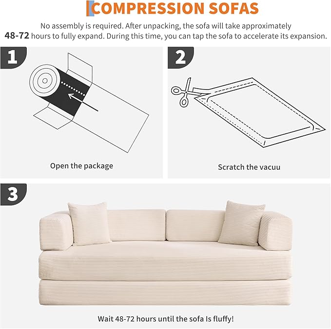 Convertible Sleeper Sofa Bed 78.8 Floor Sofa Bed 5-in-1 Folding Mattress Couch Loveseat with Fixed-Shape Frame Pillow Corduroy Fabric for Living Room Bedroom Lounge Beige