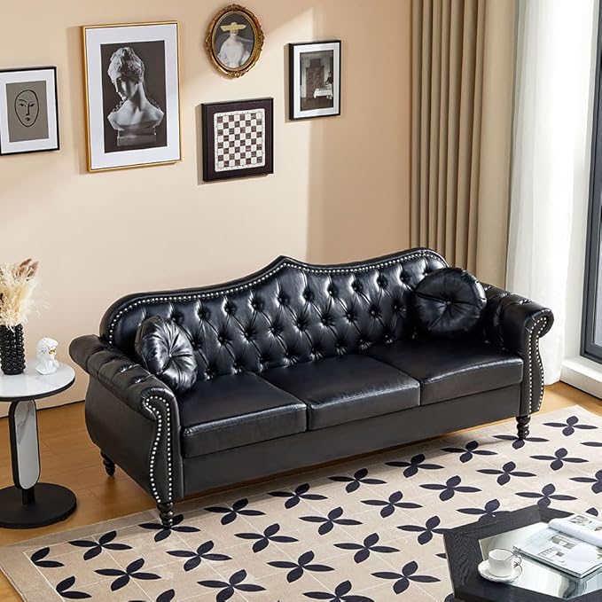 AVZEAR Chesterfield 2-Piece Living Room Sectional Sofa Set Mid-Century Modern Upholstered PU Sofa Couch Classic Tufted Button Sofa with Nailhead Trim for Living Room Office (1+3 Seat Black)
