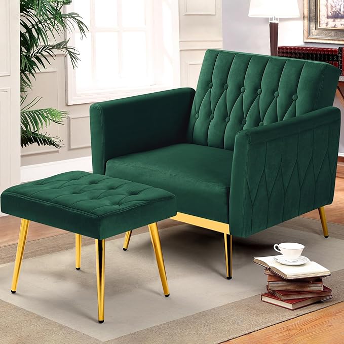 Velvet Accent Chair with Adjustable Armrests and Backrest Button Tufted Lounge Chair Single Recliner Armchair with Ottoman and Pillow for Living Room Bedroom Green