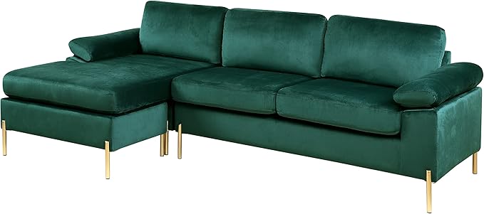 Favfurish 101 Velvet Upholstered Sectional Sofa with Chaise and Pillow Arms L-Shaped Solid/Manufatured Wood Loveseat Couch W/Removable Back &amp Cushionsfor Living RoomBedroomOfficeGreen