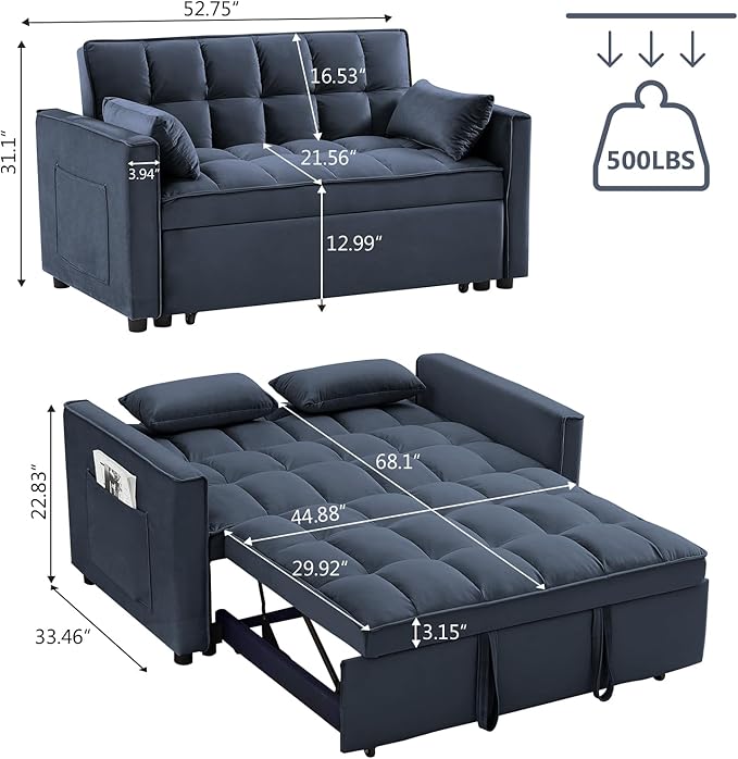 3 in 1 Sleeper Sofa Bed Pull Out Couch Convertible Futon Loveseat with krest Dinotefuran Living Room Chaise Lounr Home Apartment Office Black