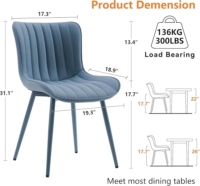 YOUNUOKE Mid-Century Modern Dining Chairs Set of 2 Blue PU Leather Upholstered Kitchen Chairs with Blue Metal Legs Armless Accent Chair for Dining Room Guest Reception Room