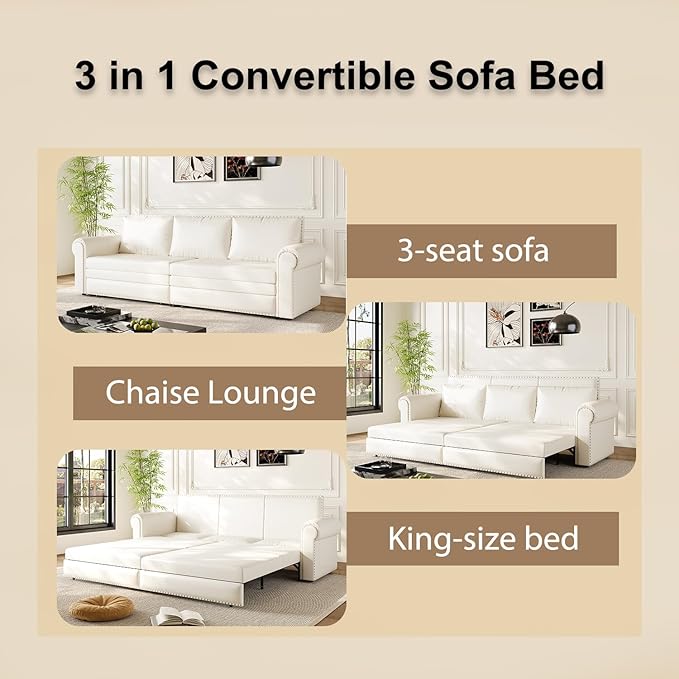 JOYBASE Pull Out Sofa Bed King-Size Convertible Sleeper Sofa Modern 3-Seater Faux Leather Couch with Nailhead for Living Room Office Apartment (Cream White)