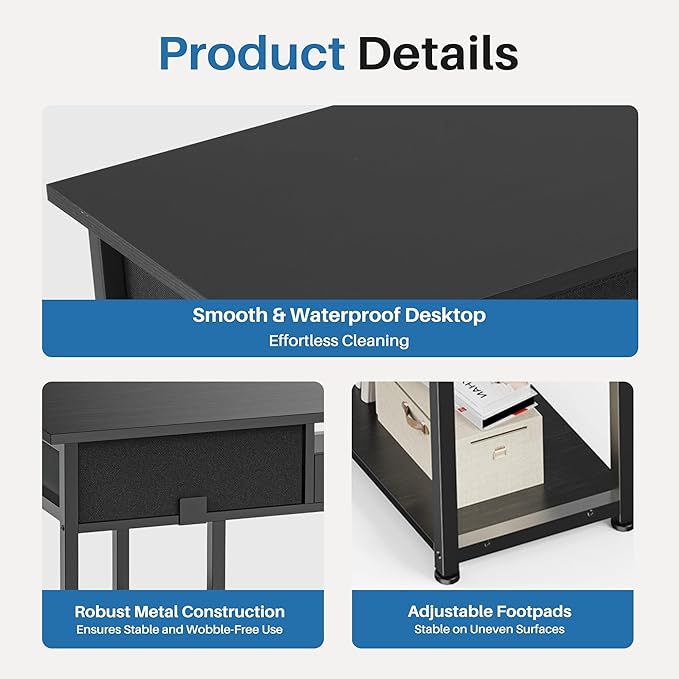 OLIXIS Desk with Storage Fabric Drawers-48 Inch Home Office Computer Desk for Small Space BedroomModern Study Work Gaming Writing Table PC DesksChic Black