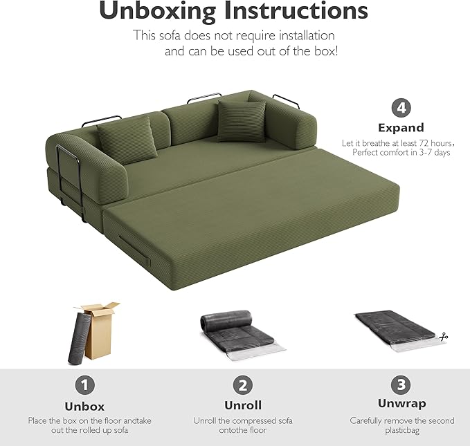 79in Convertible Sofa Bed Corduroy Boneless Couch Bed Futon Sleeper Sofa Pull Out Bed Foldable Couch for Living Room Apartment No Assembly Required