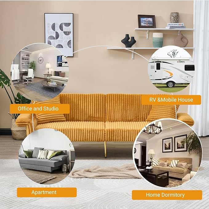 Yellow 79 Convertible Futon Sofa Bed with Adjustable Backrest &amp Armrests Modern Corduroy Folding Loveseat Sleeper Couches with Two Soft Pillows for Living Room Apartment Office (Yellow)