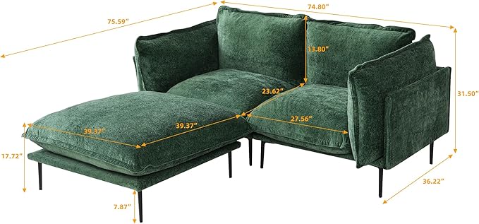 WJShome Modular Velvet Sectional Sofa with Chaise 74 Modern L-Shaped Couch for Living Room 3-Seater Sofa with Removable Cushions and 8 High Metal Legs Easy to Clean Green