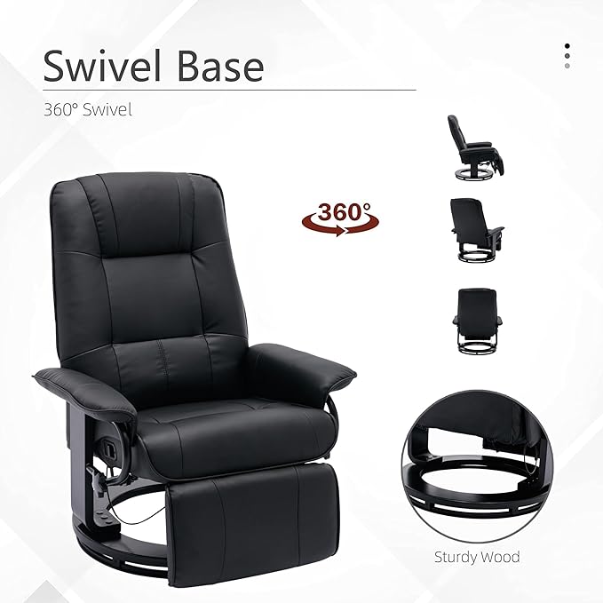 Faux Leather Manual ReclinerAdjustable Swivel Lounge Chair with FootrestCan Rotate 360 DegreesL-Right Angle Curved Wooden Frame Armrest and Wrapped Wood Base for Living RoomBlack