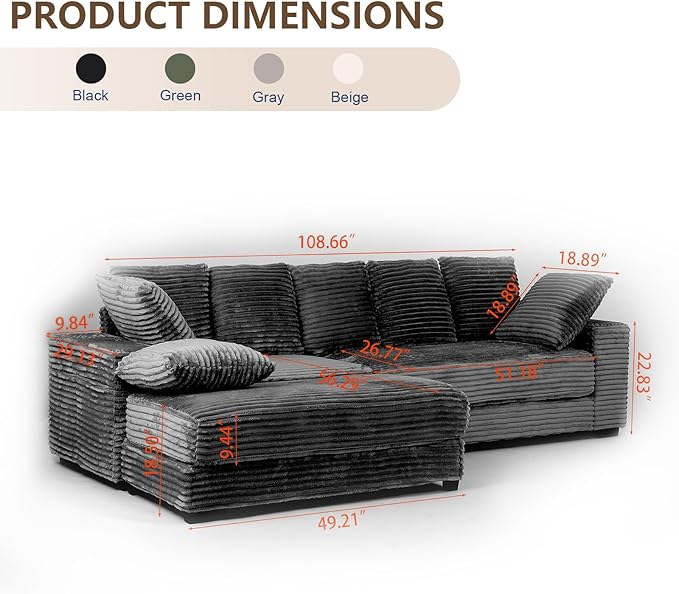 108 Oversized Sectional Sofa Modular Deep Seat Sofa Couch with Storage Ottoman Modern Comfy Upholstered Cloud Couches L-Shaped Corduroy Sofa Chaise with 8 Pillows for Living Room Apartment Beige