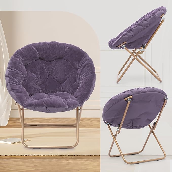 Athena Collection Round Saucer Chair with Ottoman Set for Adults Oversize Comfy Cozy Faux Fur Folding Reading Chair with Metal Leg Lazy Relaxing for Living Room Bedroom Dorm Apartment Purple
