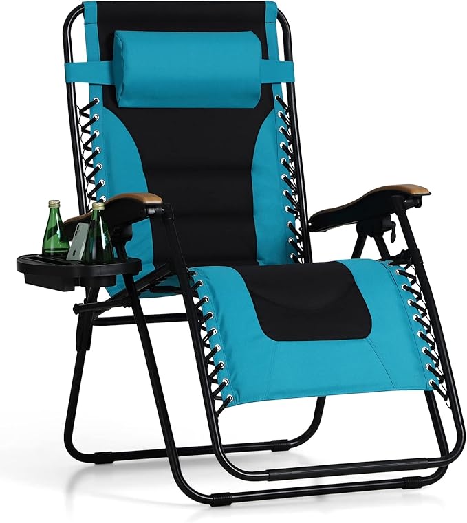 PHI VILLA XXL Oversized Padded Zero Gravity Chair Foldable Patio Recliner 30 Wide Seat Anti Gravity Lounger with Cup Holder Support 400 LBS (Aqua)