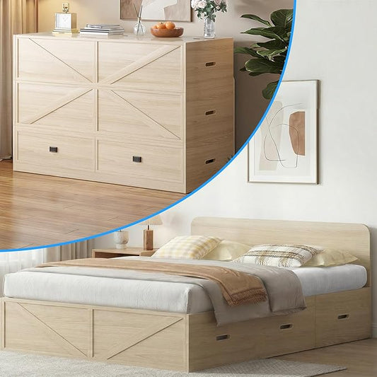 PUREMIND Murphy Bed Queen with Mattress Included Wood Cabinet Bed with Dual Storage Drawers &amp 2 Pillows 3-in-1 Convertible Sofa Beds for Small Space Guest Room Home Office Natural
